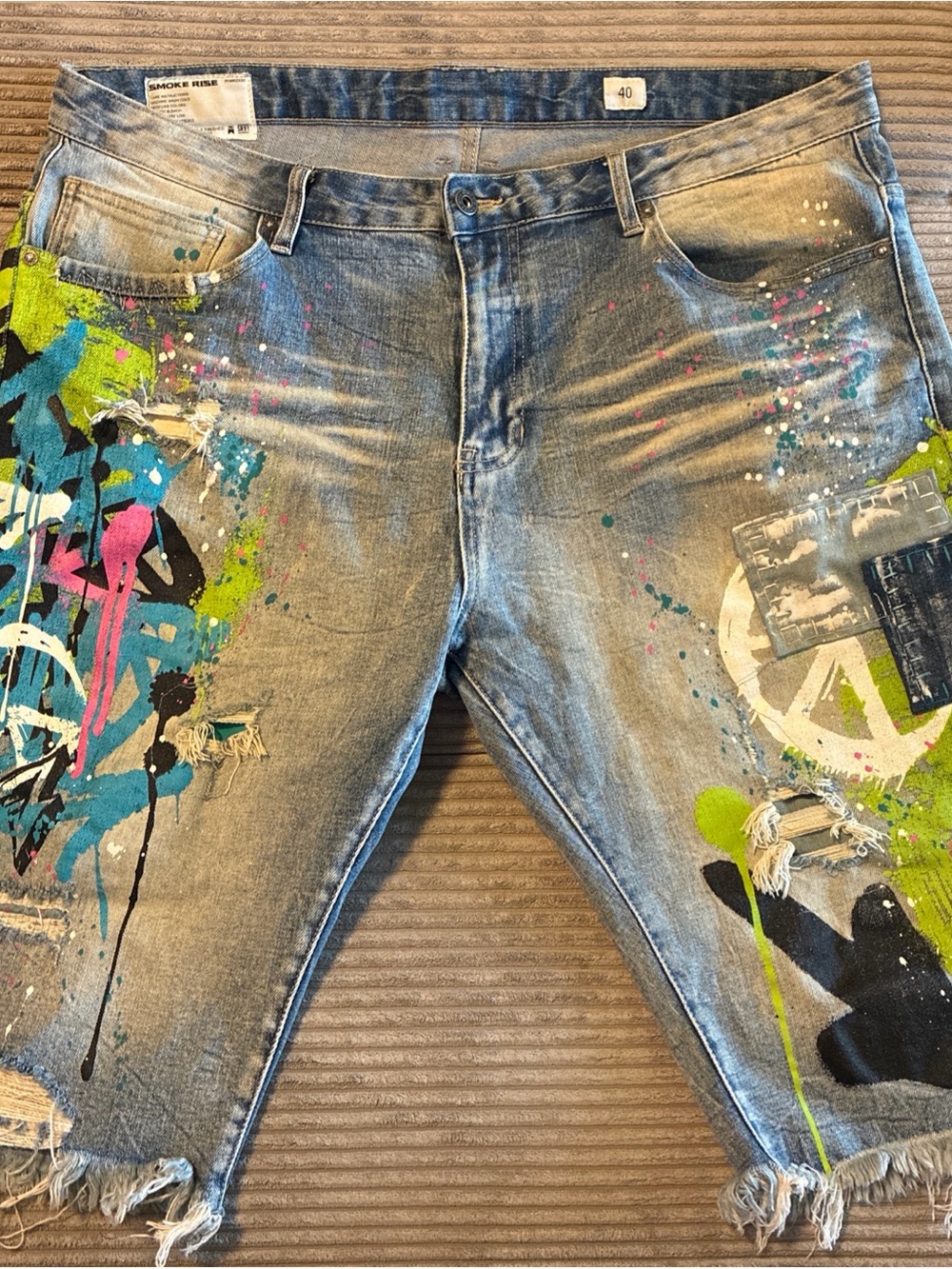 Men Smoke Rise Slim Essential Jean Shorts Graffiti Light Blue Size 40